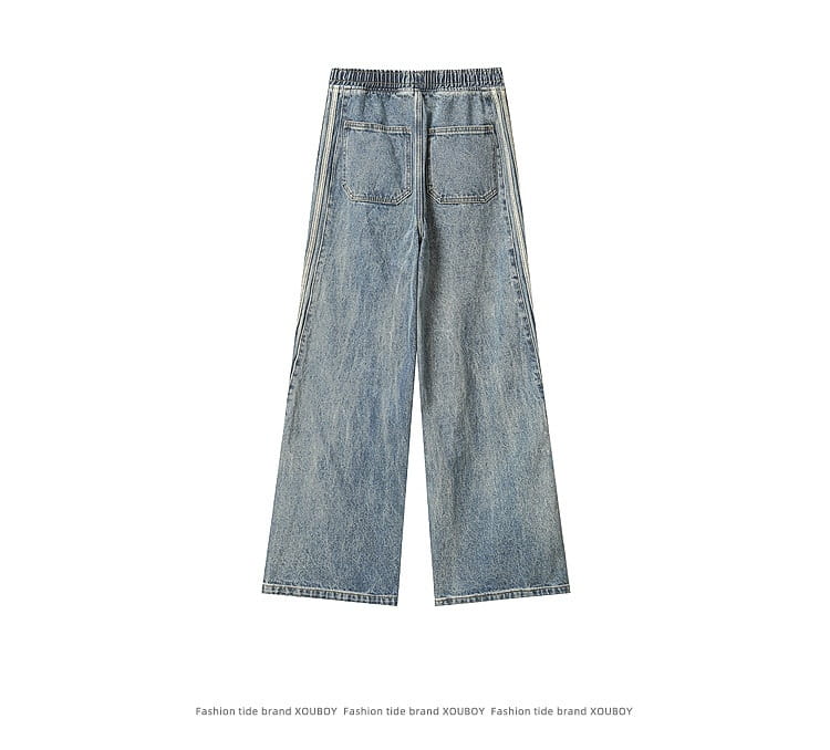 Light Blue Side Three Bars Straight Jeans Men