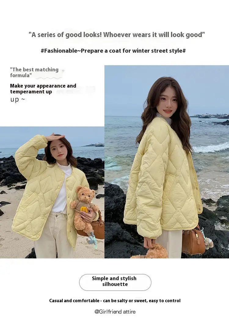 Korean Style Down Cotton Jacket Women’s Short Light Round Neck