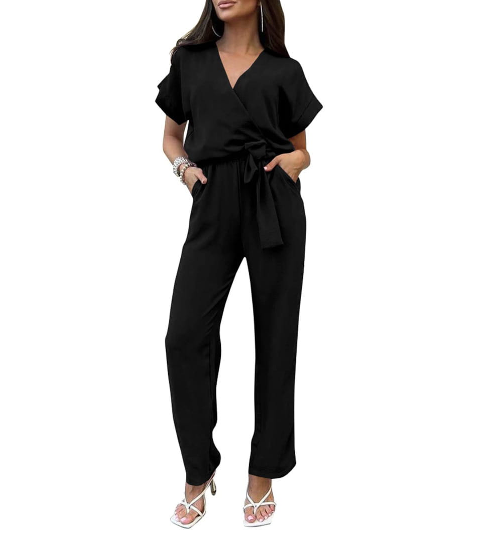 Women’s Short-sleeved V-neck Pocket Jumpsuit