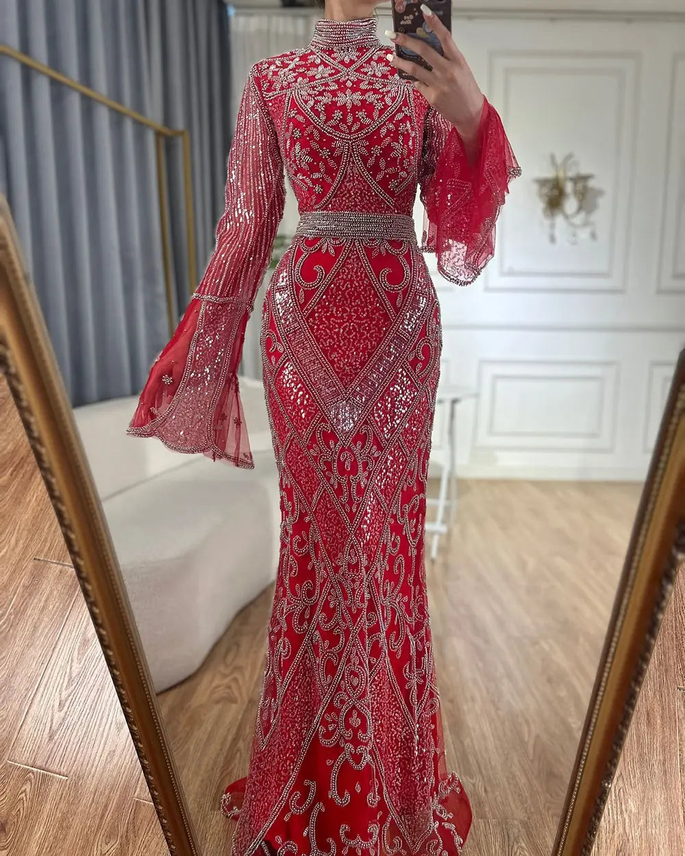 Red High Collar Fishtail Evening Long Dress