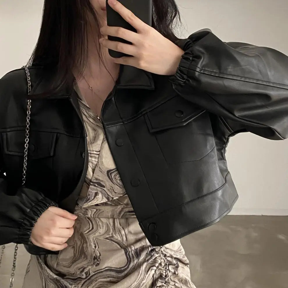 Chic Lapel Double Pocket Leather Top Leather Coat