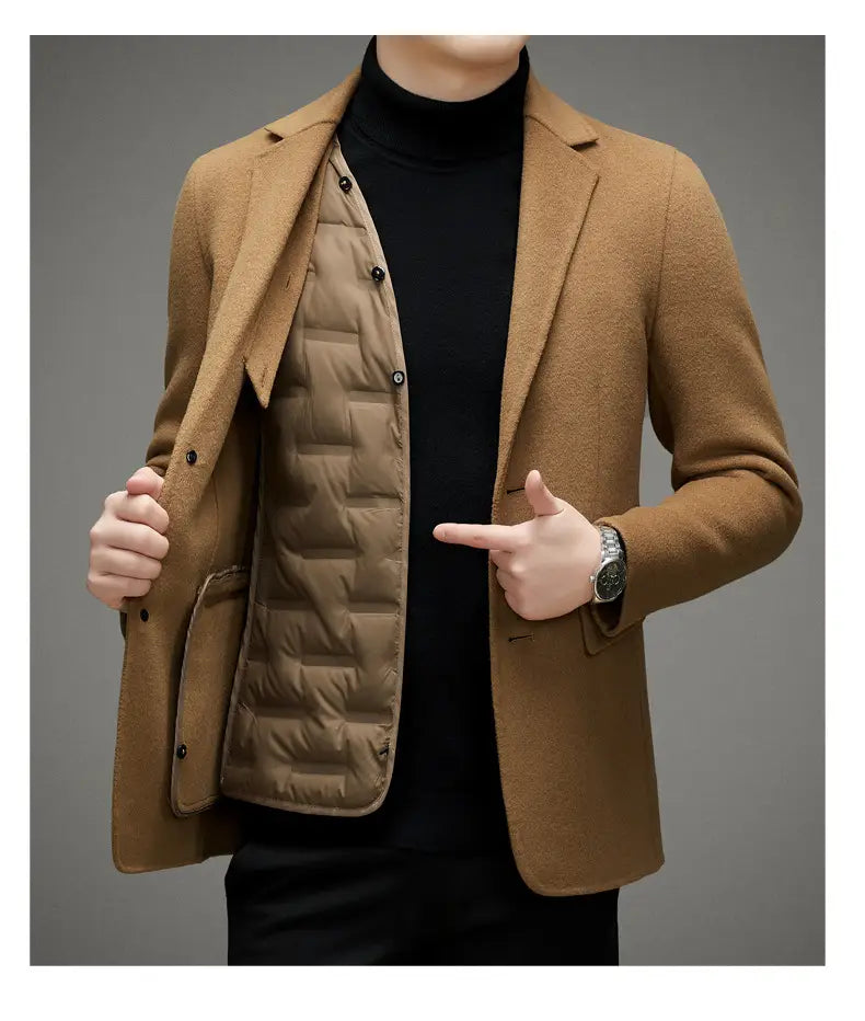 Men’s High-end Suit Reversible Woolen Coat Short Detachable 90 White Duck Down Liner Suit Jacket
