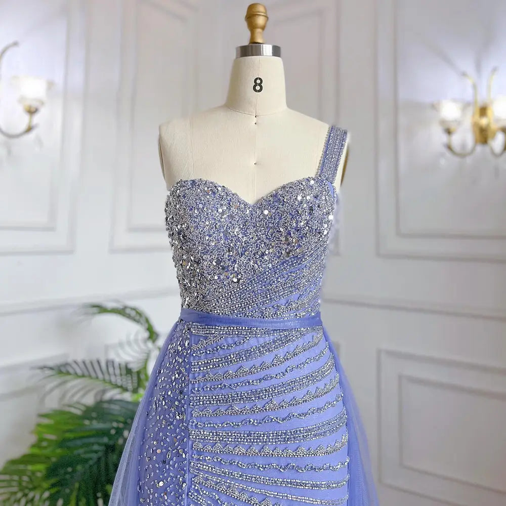 Blue Handmade Beaded Split Shoulder Fishtail Dress