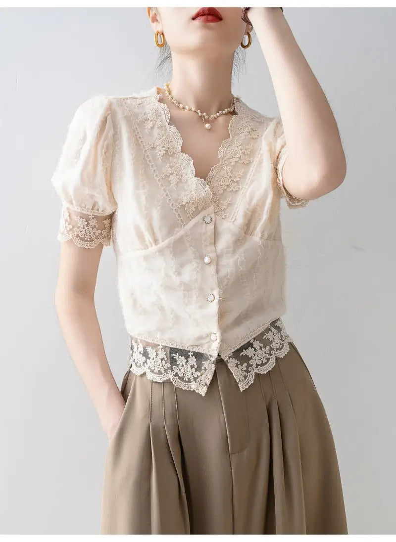 New Women’s Summer Short Sleeve Chiffon Lace Shirt Top