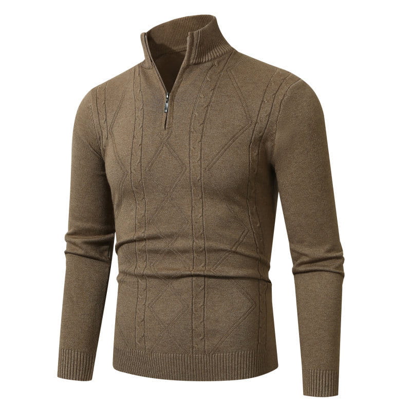 Fashion Rhombus Sweater Men’s Casual Stand Collar Long Sleeve Half Zipper Sweater