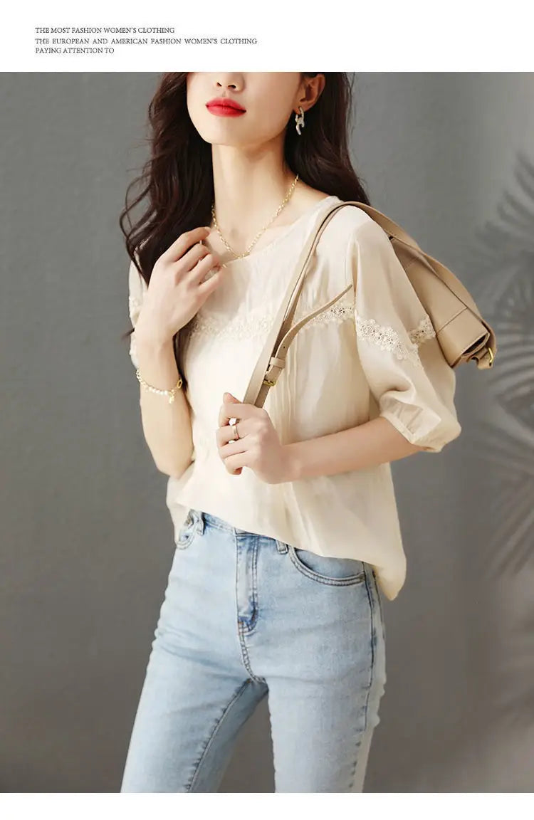 Design Sense Puff Sleeve Shirt Women’s Lace