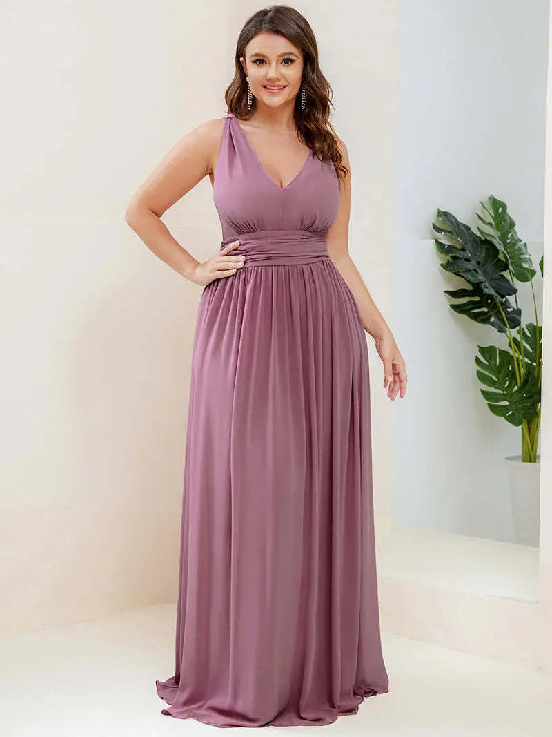 Deep V-neck Bridesmaid Plus Size High Waist Evening Dress