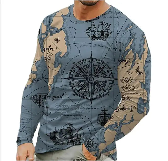 Men’s Nautical Compass Pattern Crewneck Long Sleeve T-shirt Loose Sailing Enthusiast Long T