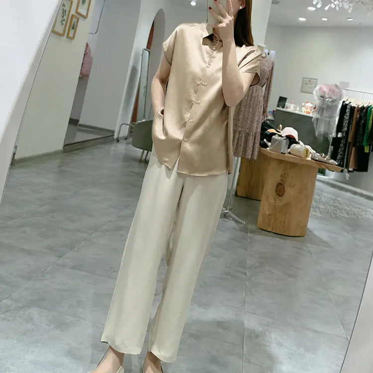 Pearl Satin Shirt Reverse Collar Single-breasted