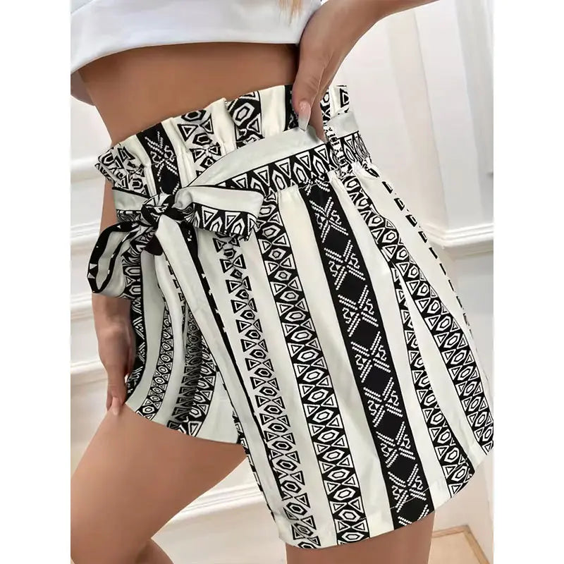 Belt Printed Casual Shorts For Commuter Women