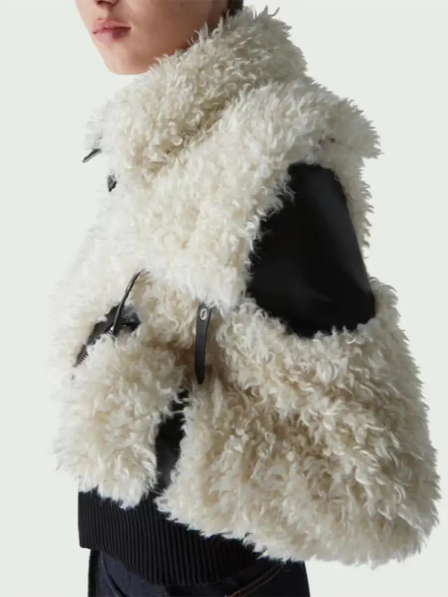 Women’s Lamb Wool Stitching PU Leather Zipper Jacket