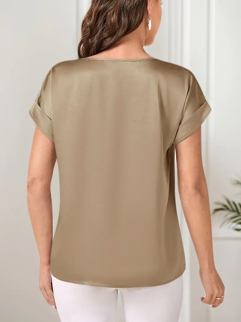 Round Neck Solid Color Smooth Surface Short Sleeve Loose