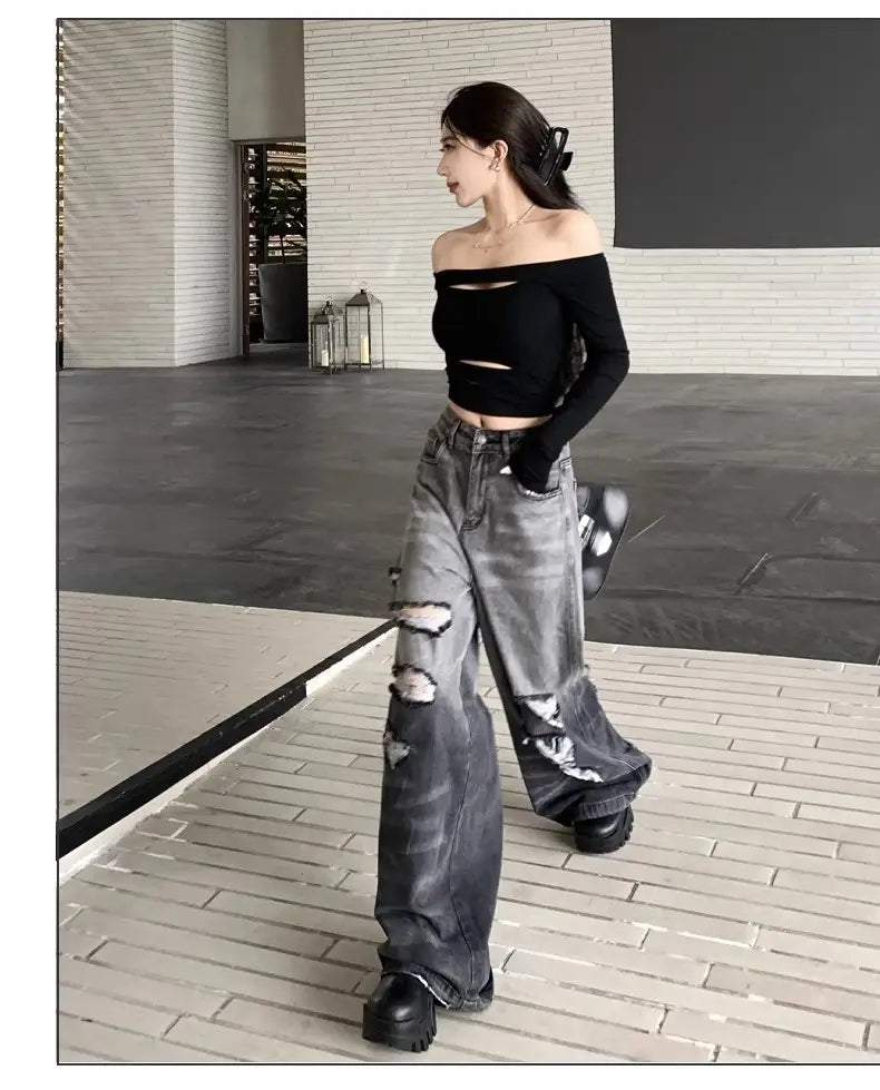 Gradient Color Big Ripped Hot Girl Wide Leg Jeans For Women