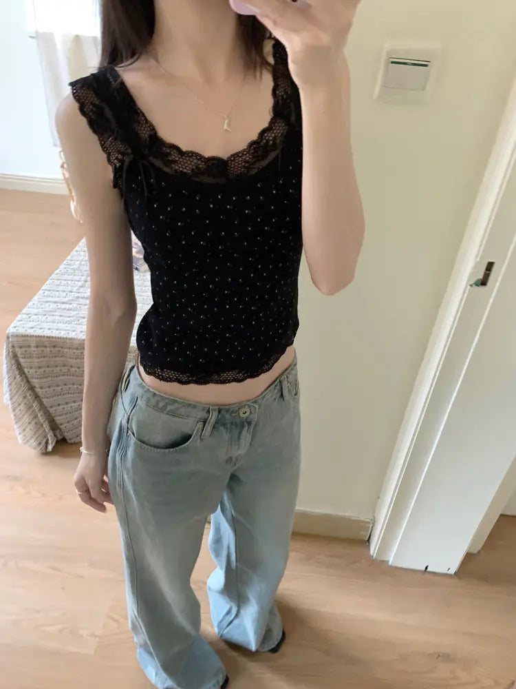 Sweet And Spicy Lace Stitching Floral Slim-fitting Suspenders Vest