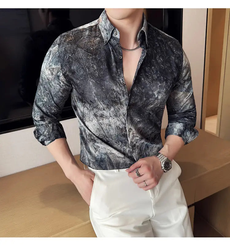 Trendy Tie-dye Printed Shirt Men’s Long Sleeve Spring Slim-fitting