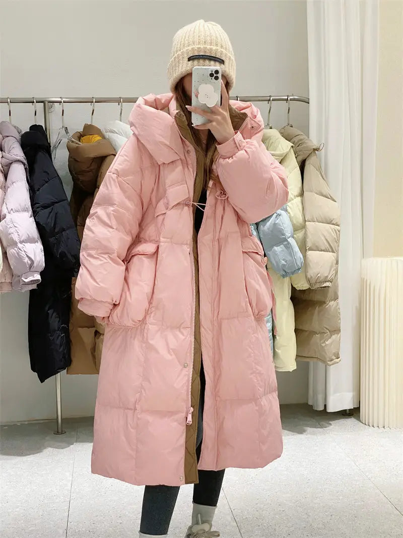 Korean Style Winter Clothes Hooded Women’s Over-the-knee Quilt Down Jacket