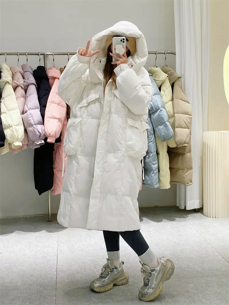 Korean Style Winter Clothes Hooded Women’s Over-the-knee Quilt Down Jacket