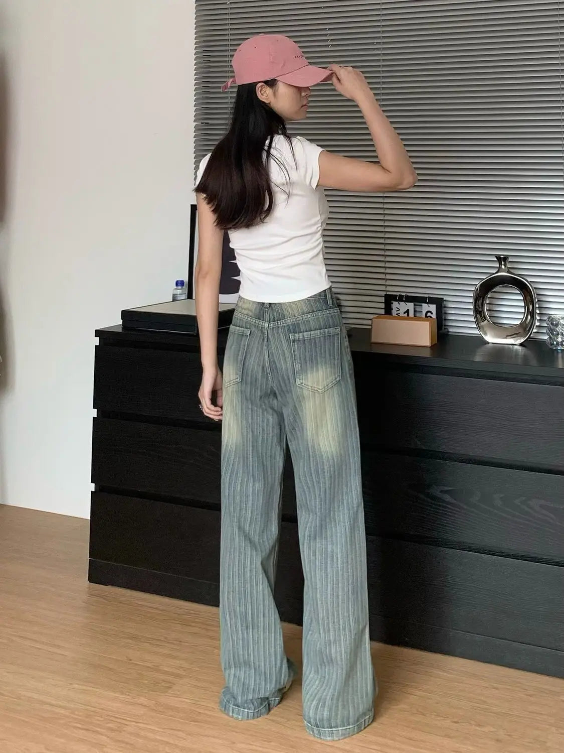 High Waist Striped Blue Loose Wide Leg Jeans Women Draped Pants