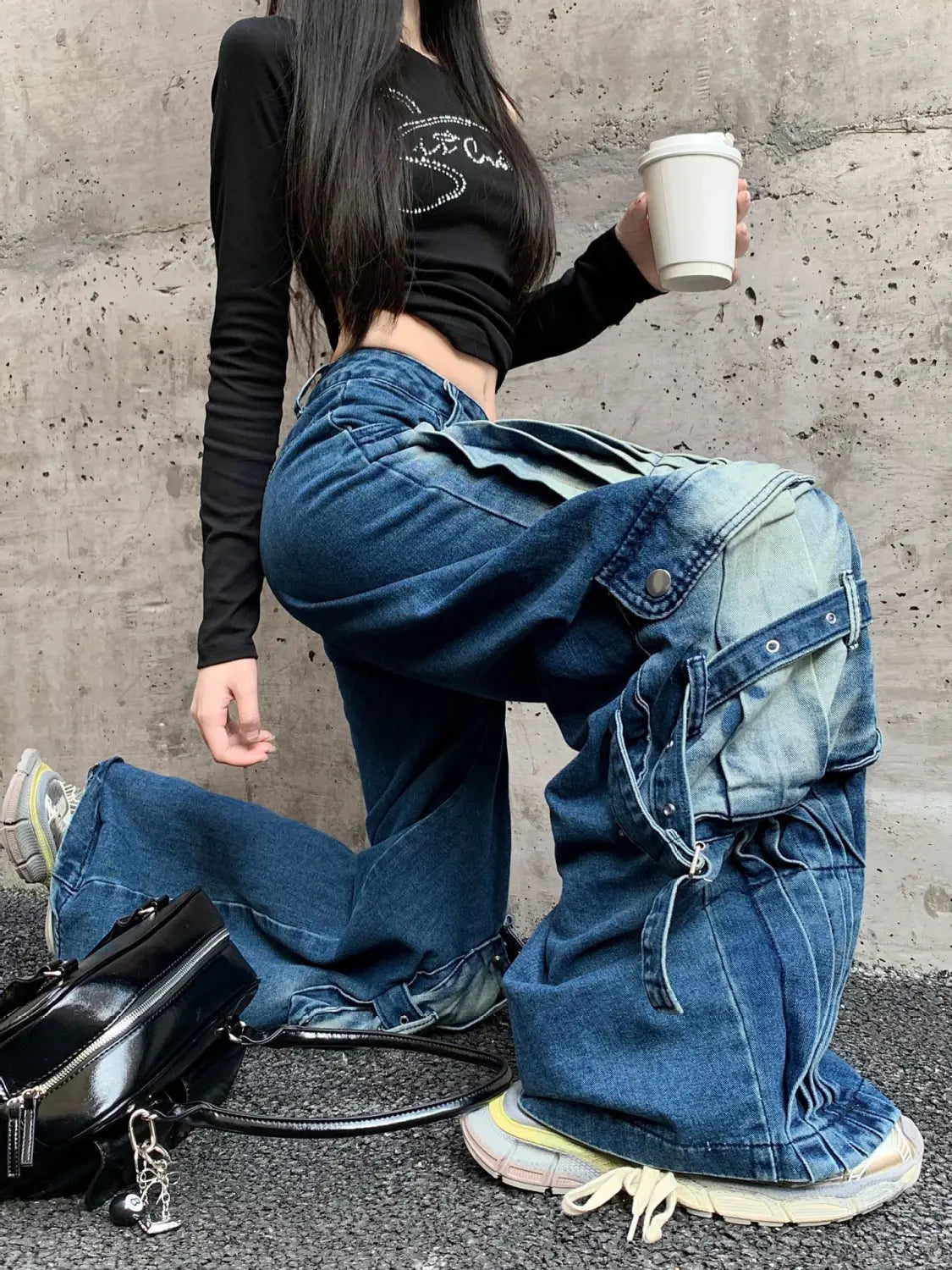 Straight Loose Washed-out Deconstruction Design Cargo Jeans Female