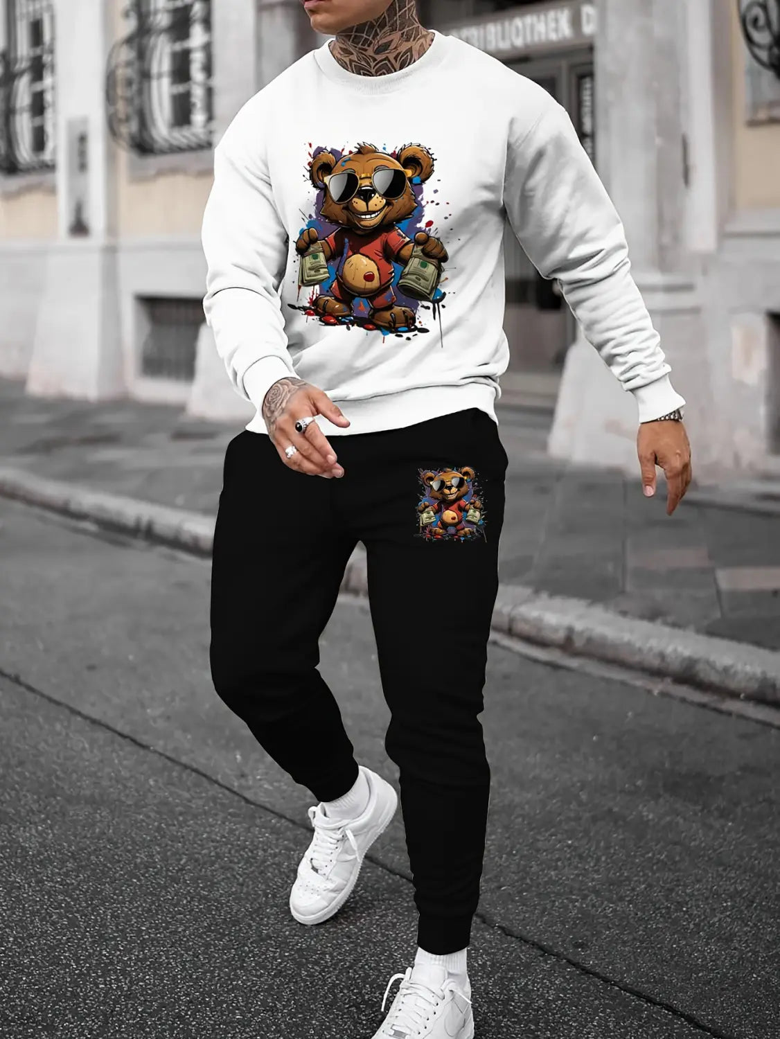 Sports Men’s Clothing Casual Retro Digital Printed Round Neck Sweater Suit