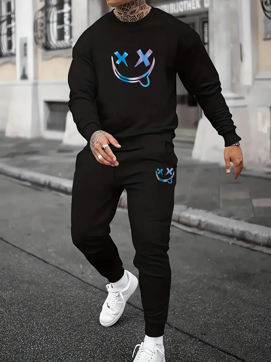 Sports Men’s Clothing Casual Retro Digital Printed Round Neck Sweater Suit