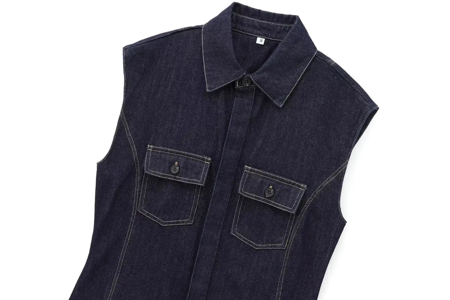 European And American Style Fashion String Decoration Lapel Sleeveless Denim Shirt