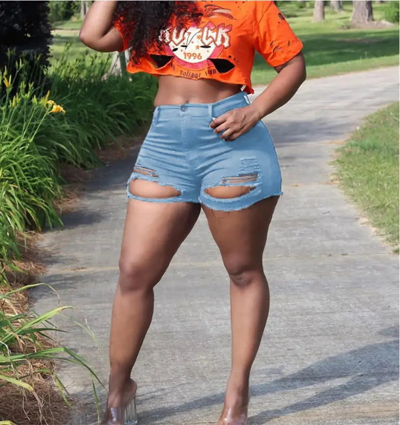 Women’s High Elastic Ripped Denim Shorts