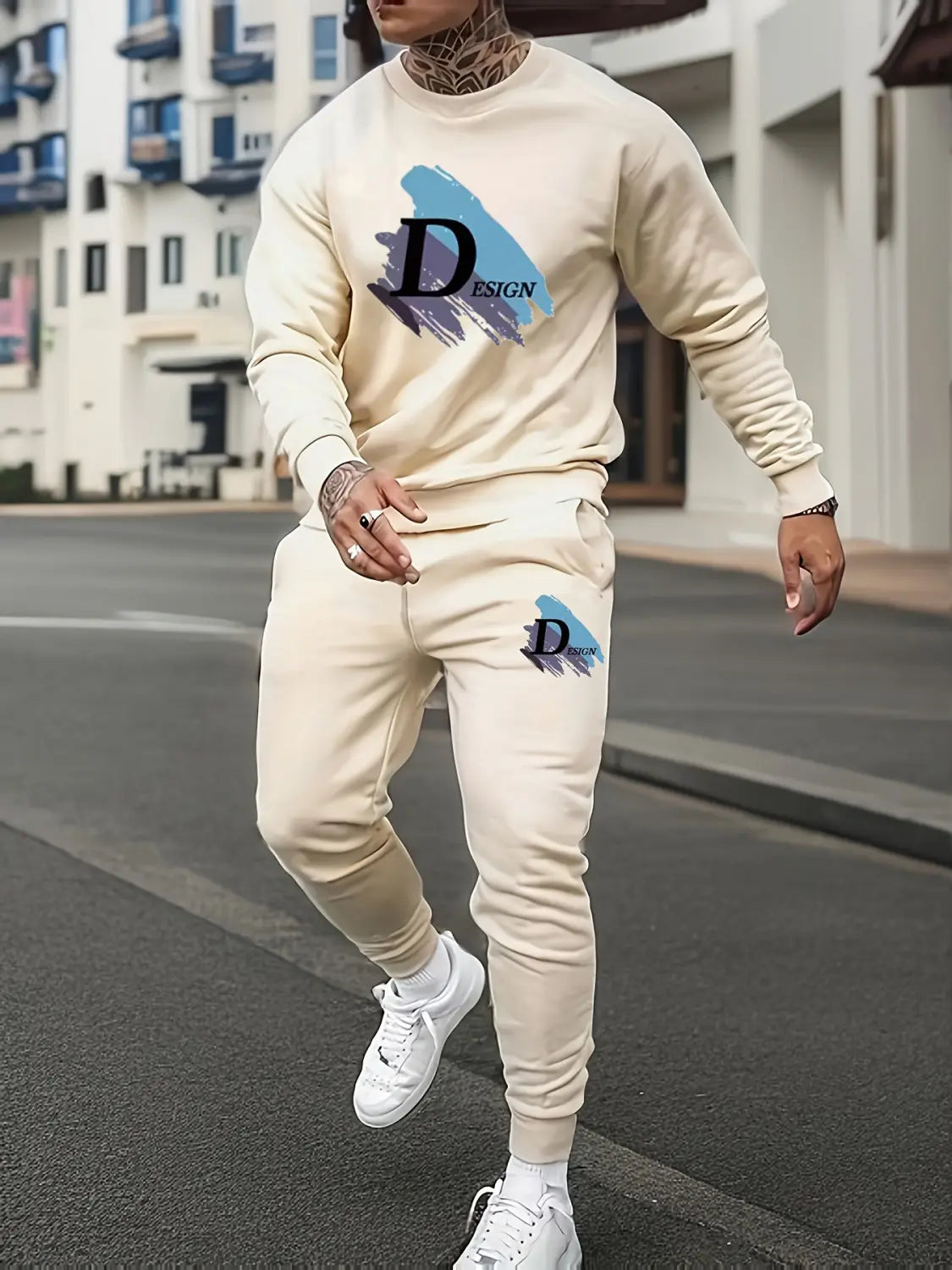 Sports Men’s Clothing Casual Retro Digital Printed Round Neck Sweater Suit