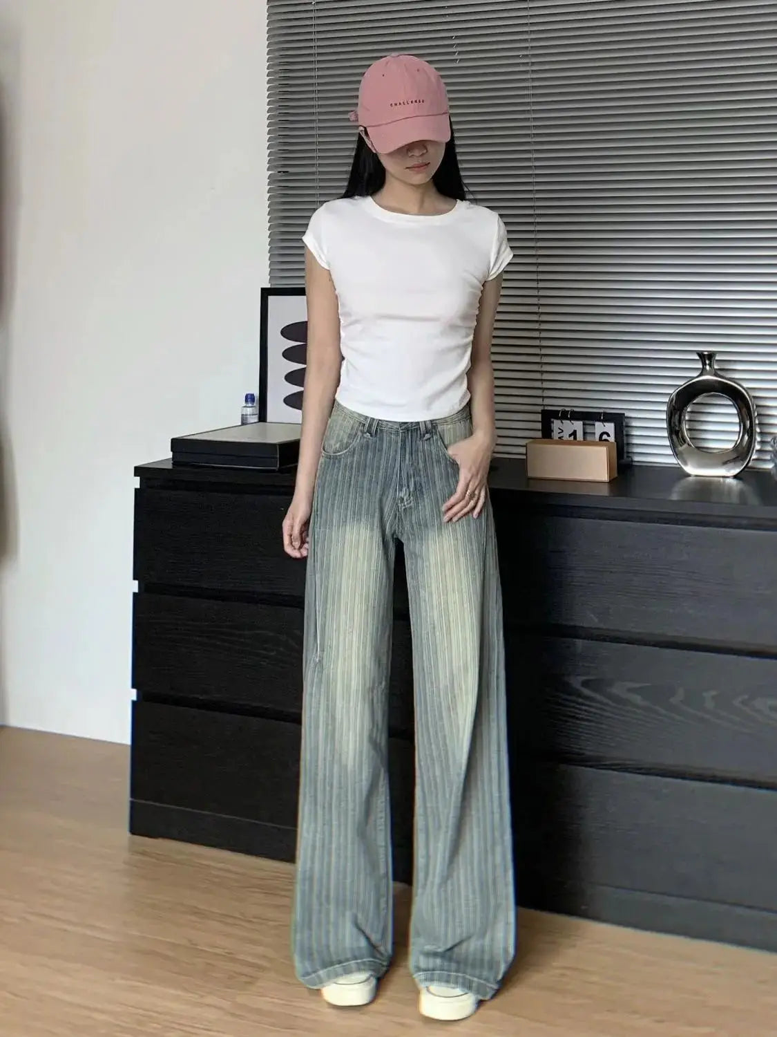 High Waist Striped Blue Loose Wide Leg Jeans Women Draped Pants