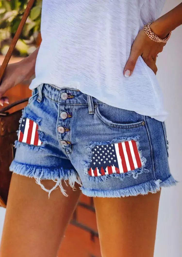 European And American Leisure Ripped Print Patch Tassel Denim Straight Shorts Female