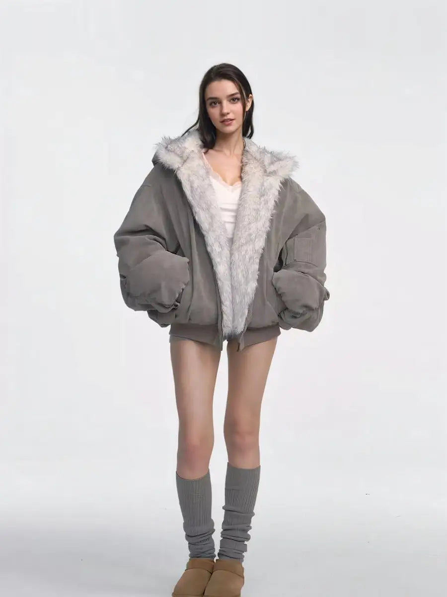 Gray Double-sided Dyed Pointed Fur Vintage Cotton-padded Jacket Coat
