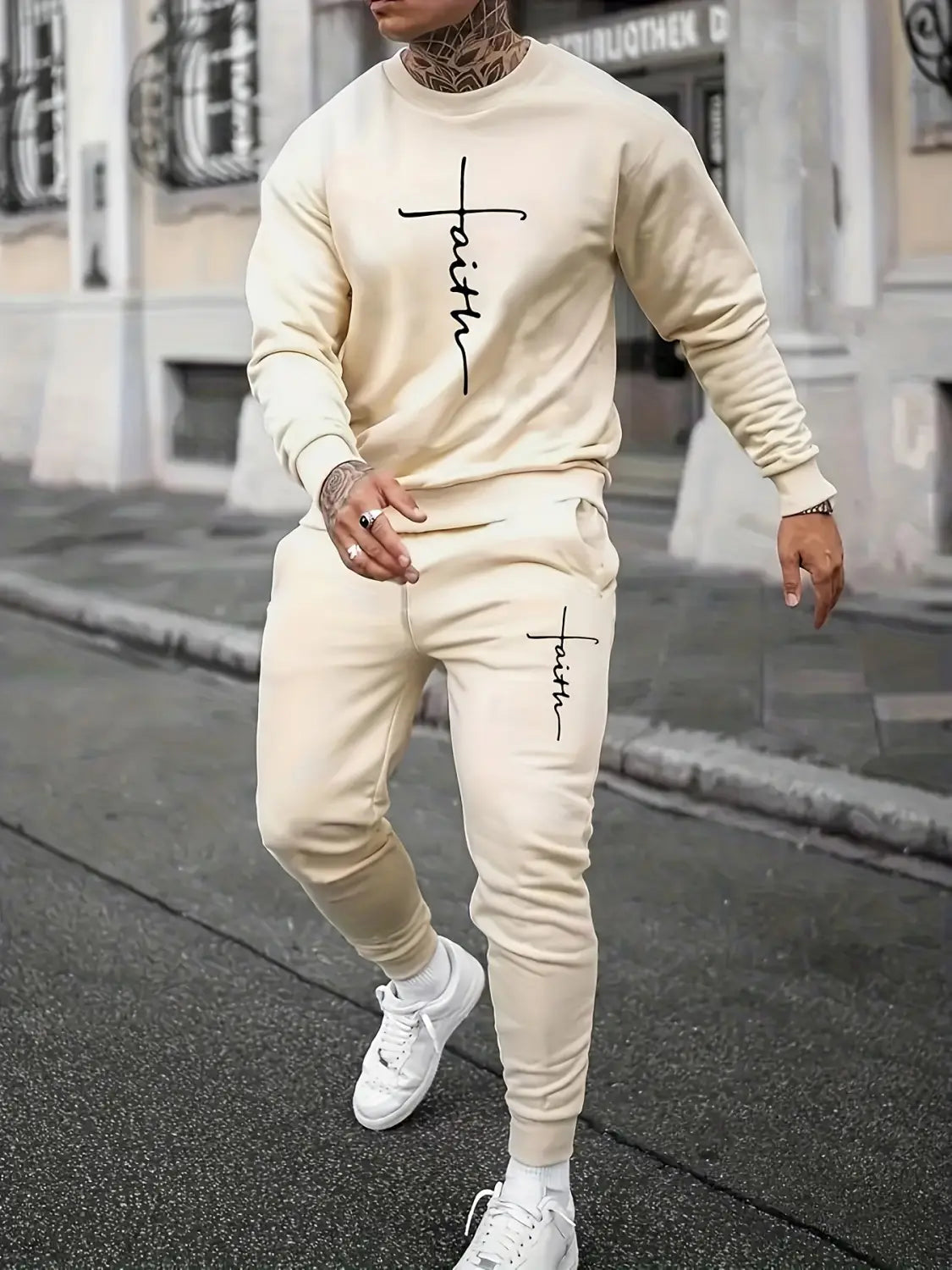 Sports Men’s Clothing Casual Retro Digital Printed Round Neck Sweater Suit