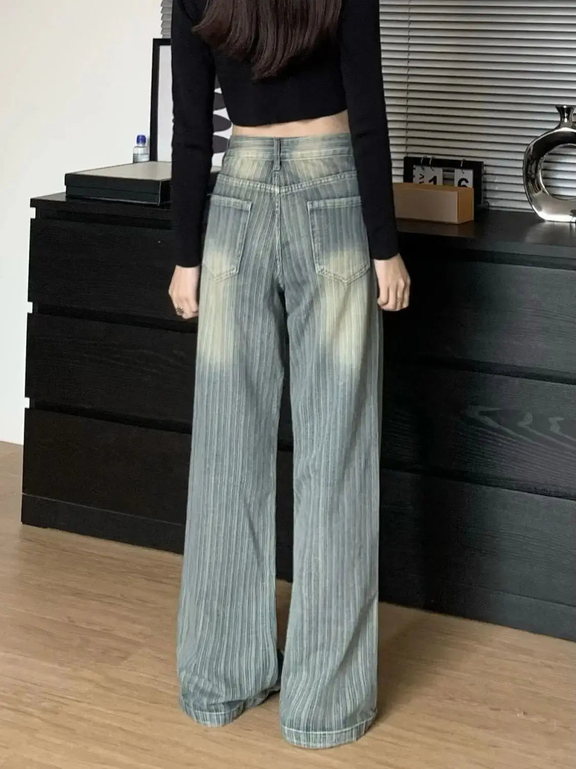 High Waist Striped Blue Loose Wide Leg Jeans Women Draped Pants