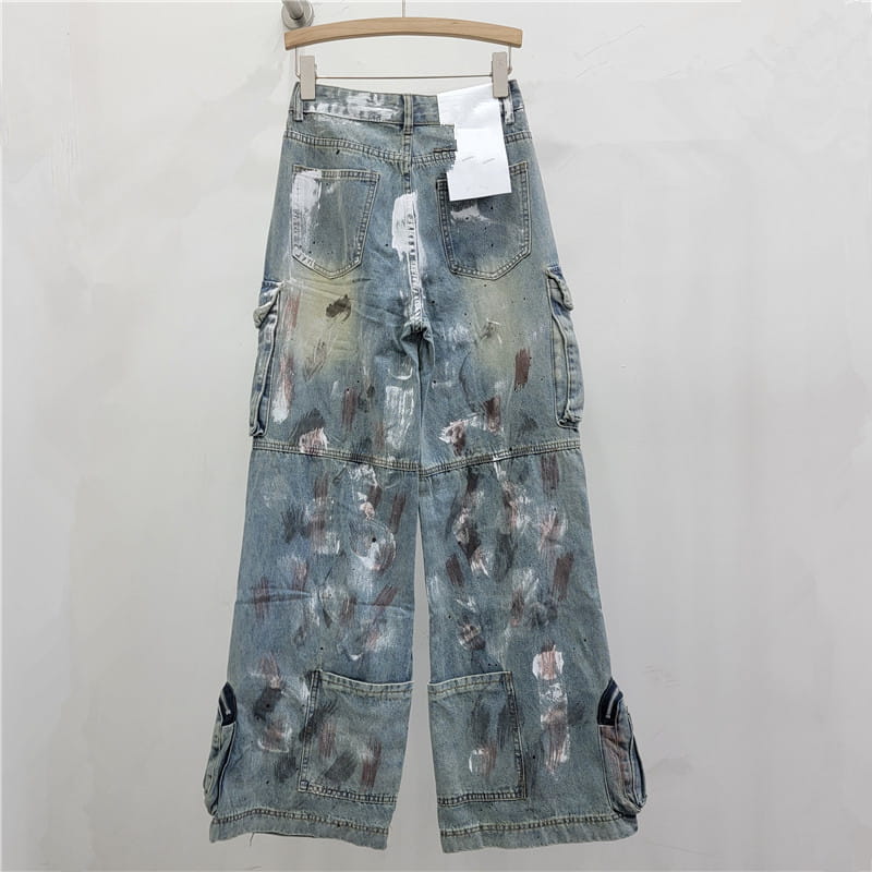 Street Style Design Graffiti Multi-pocket Blue Wide Leg Jeans