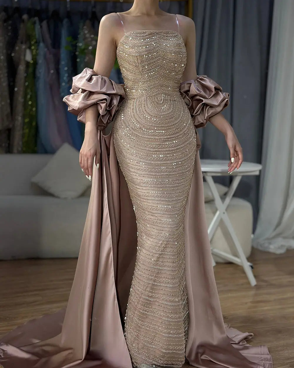 Dried Rose High-end Elegant Beaded Fishtail Annual Party Banquet Host Luxury Dress