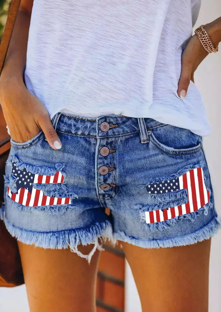 European And American Leisure Ripped Print Patch Tassel Denim Straight Shorts Female
