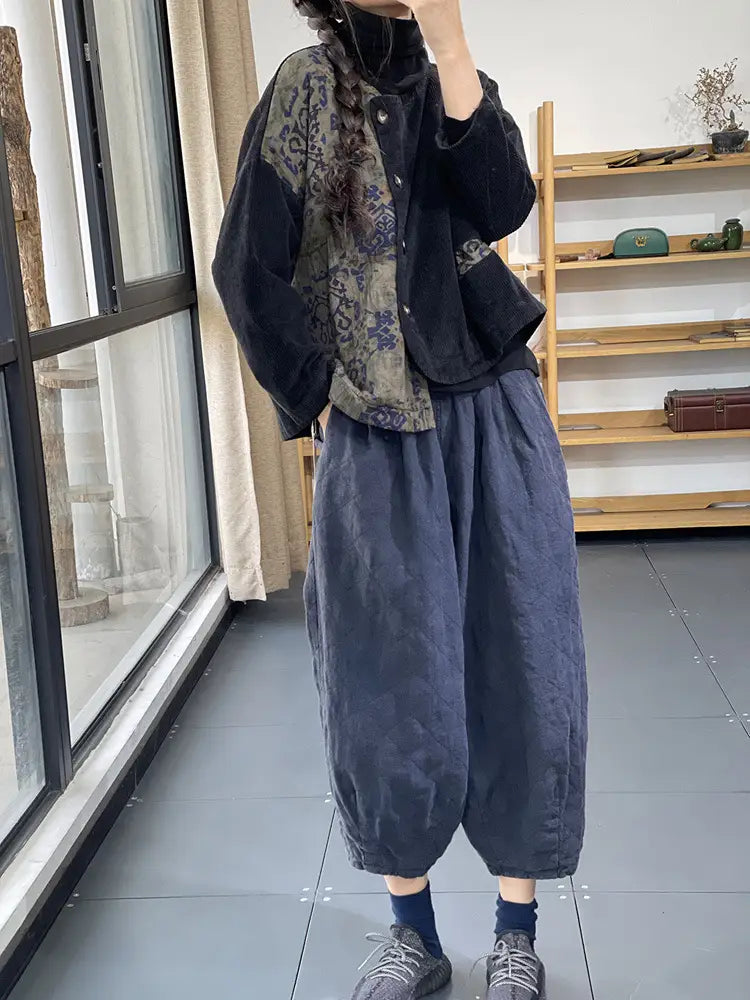 Retro Contrast Color Cotton Coat Jacket Women