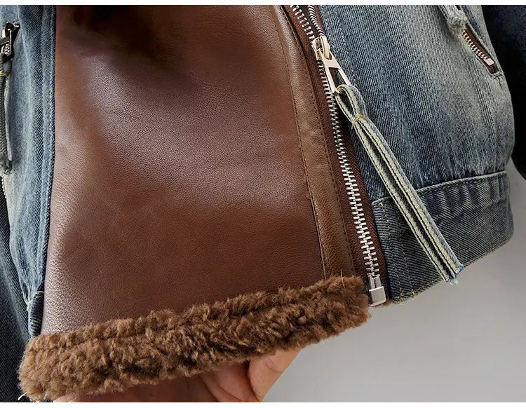 Lamb Wool Stitching Lightweight Down Liner Fleece-lined Denim Coat Women’s Short Top Jacket