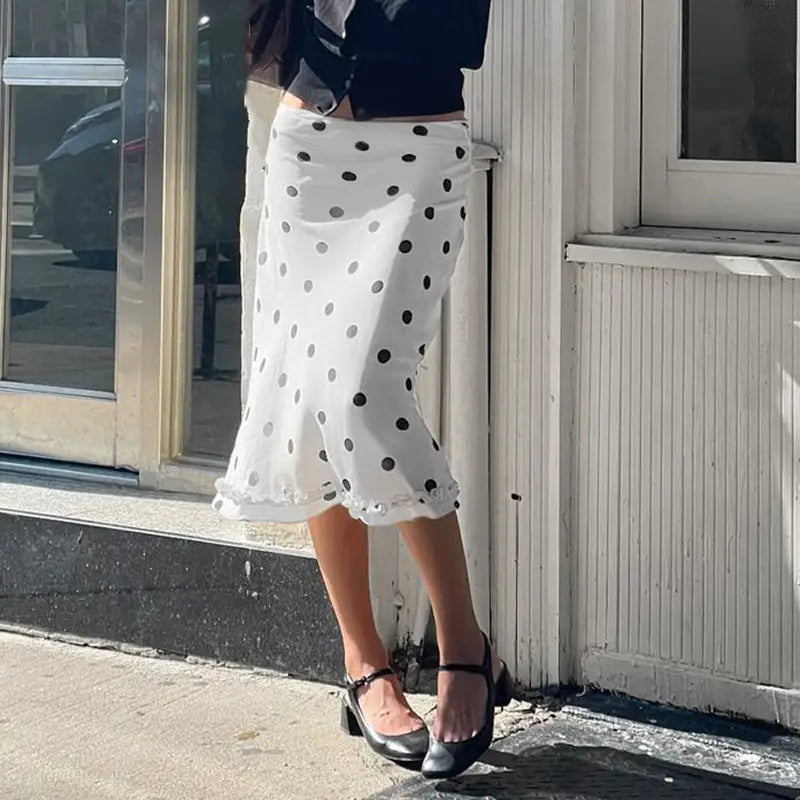 Women’s French-style Color Matching Polka Dot Side Zipper Pleated Hip Skirt