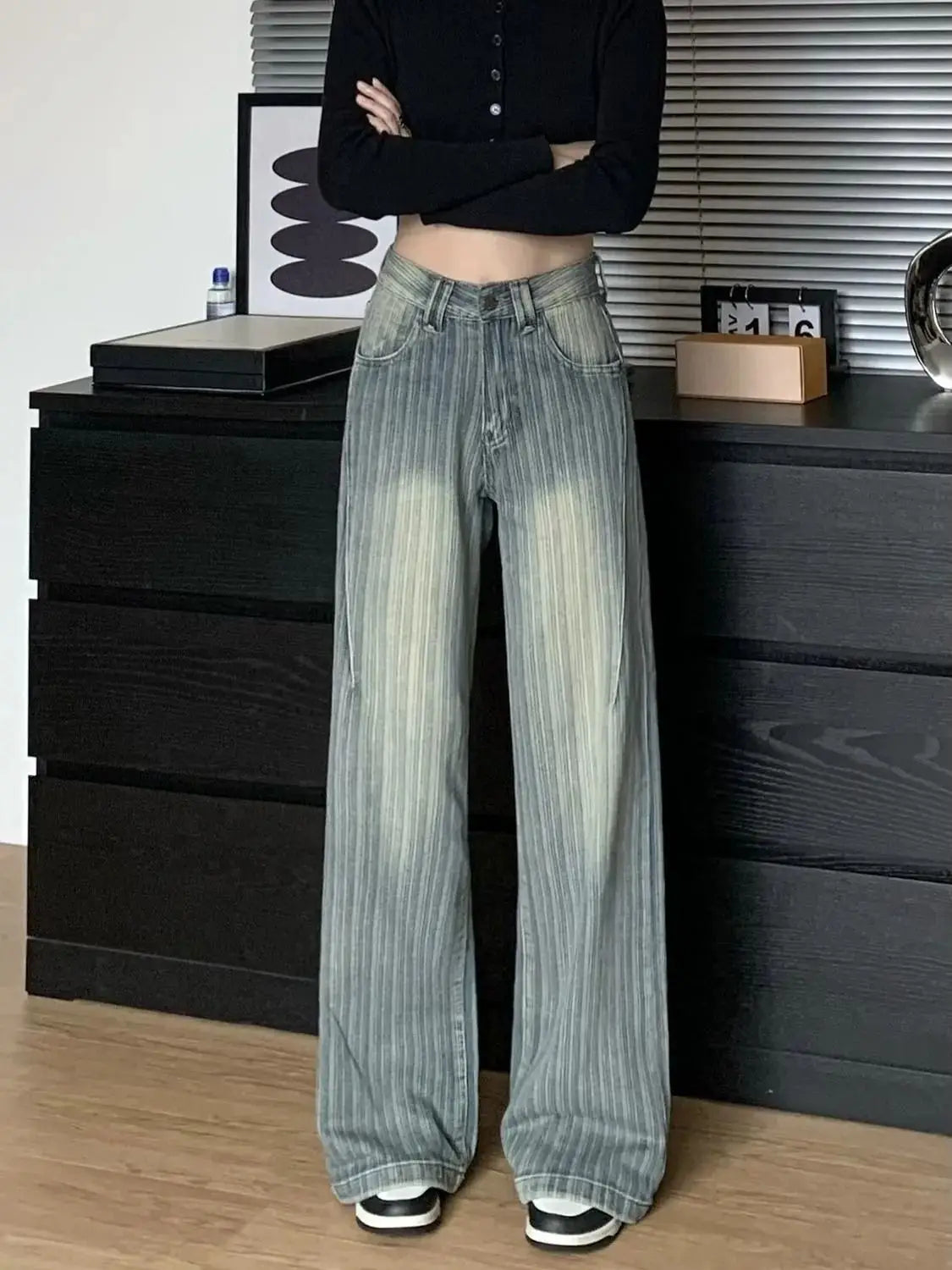 High Waist Striped Blue Loose Wide Leg Jeans Women Draped Pants