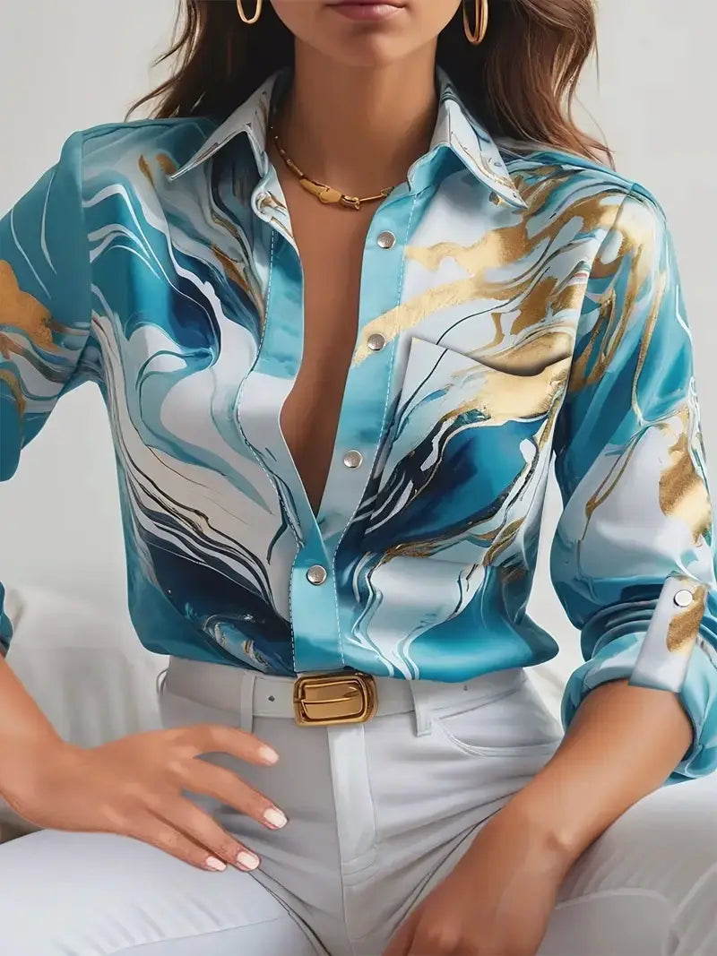 Season Fashion Casual Loose Button Long Sleeve Printed Shirt For Women