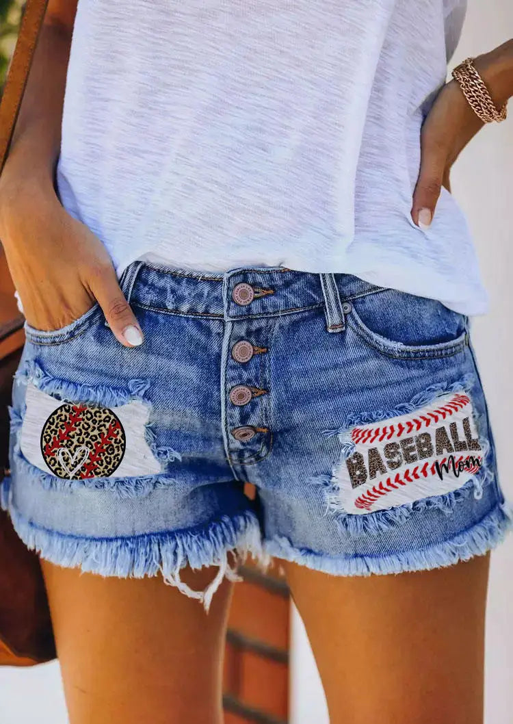 European And American Leisure Ripped Print Patch Tassel Denim Straight Shorts Female