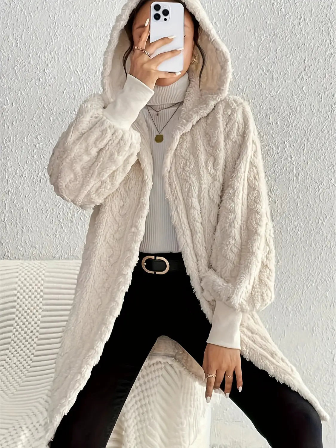 Hooded Double-sided Plush Cuff Thread Long Coat