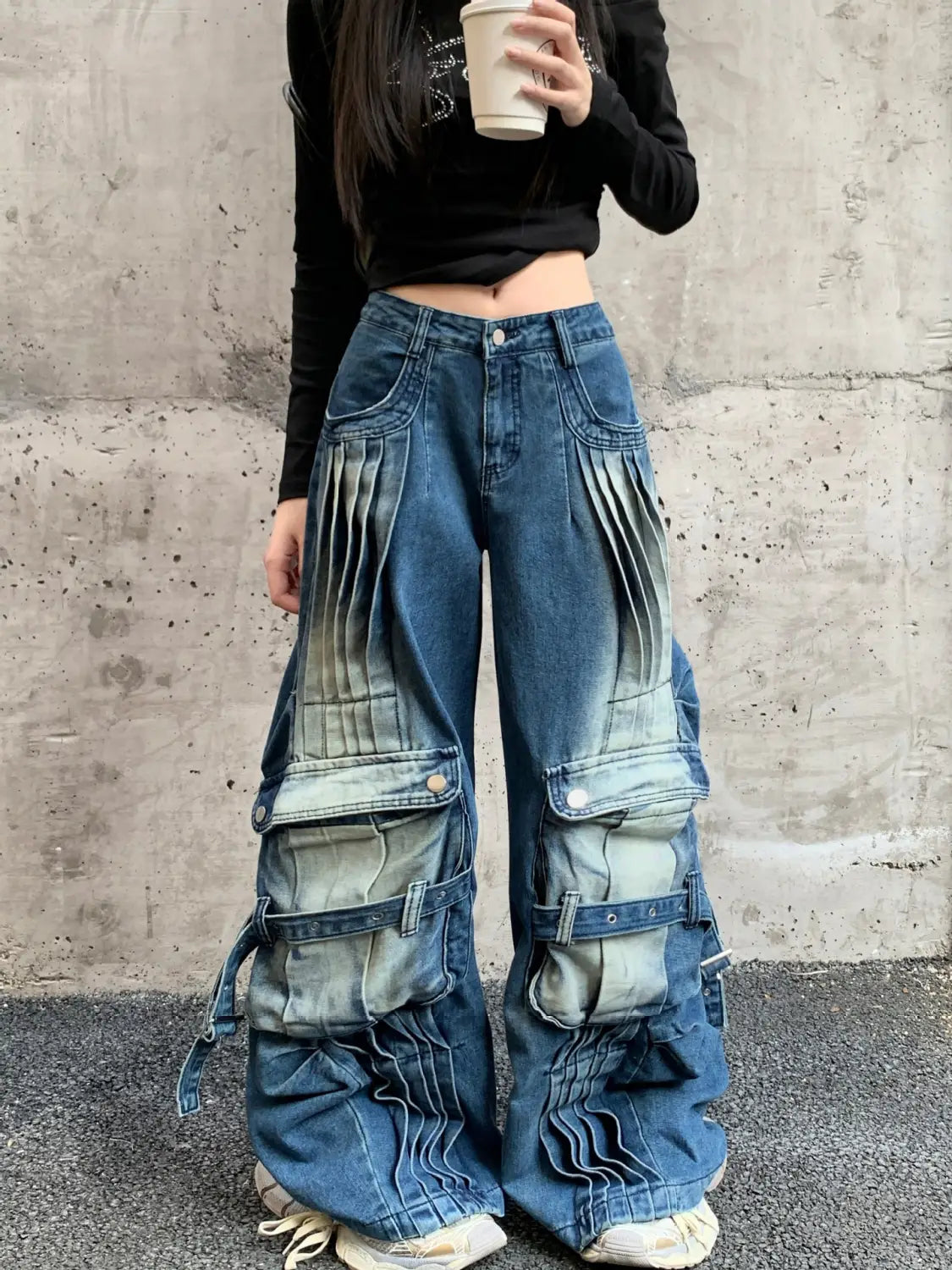 Straight Loose Washed-out Deconstruction Design Cargo Jeans Female