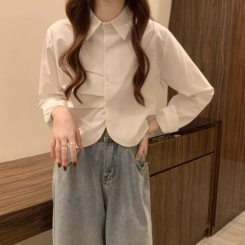 French White Shirt Women’s Spring Design Sense Niche Shirt Temperament High Sense Chic Beautiful Short Long Sleeve Top