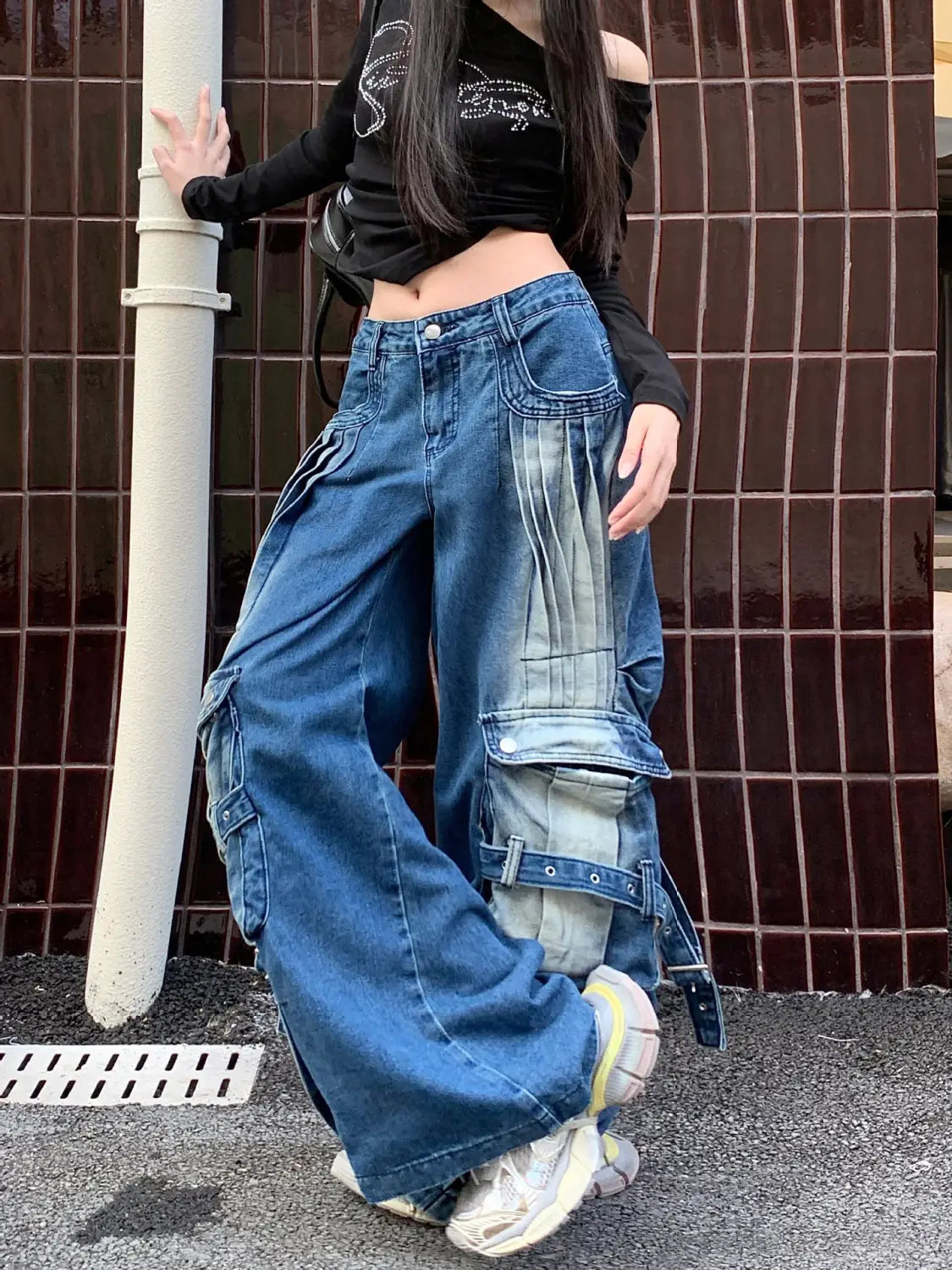 Straight Loose Washed-out Deconstruction Design Cargo Jeans Female