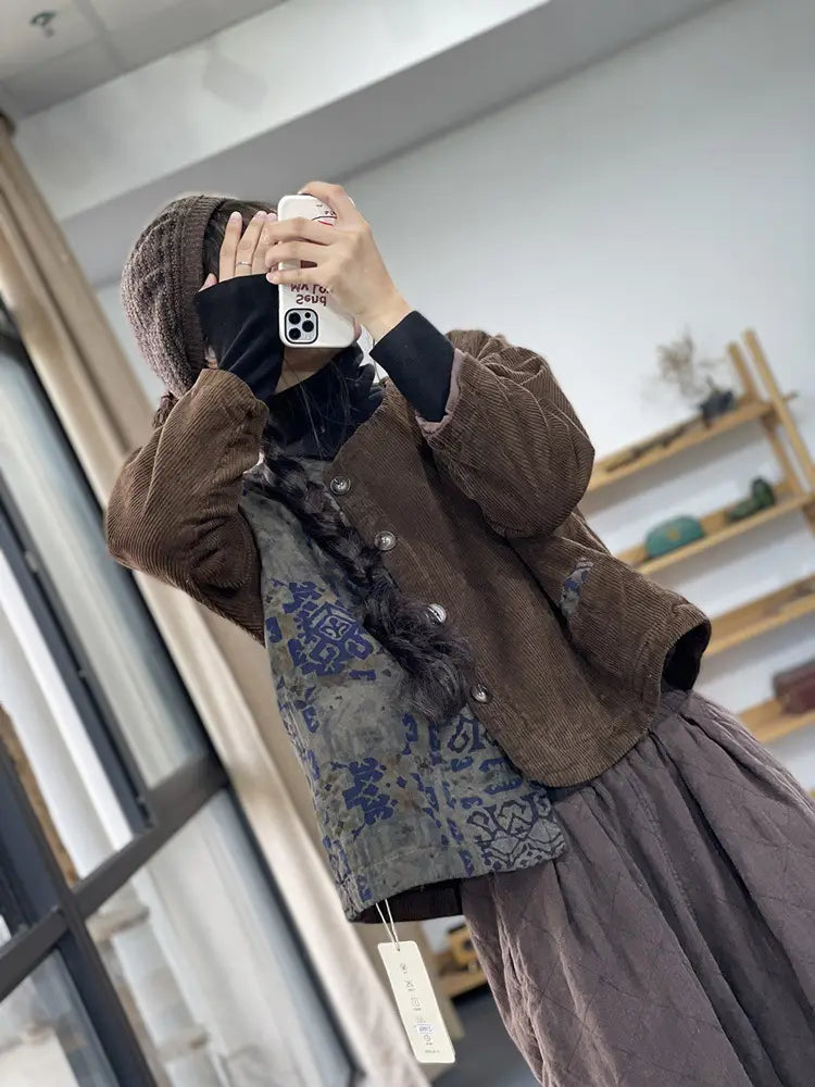 Retro Contrast Color Cotton Coat Jacket Women