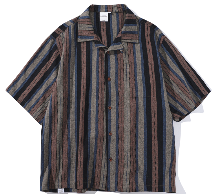 Japanese-style Retro Amekaji Ethnic Style Striped Short Sleeve Shirt