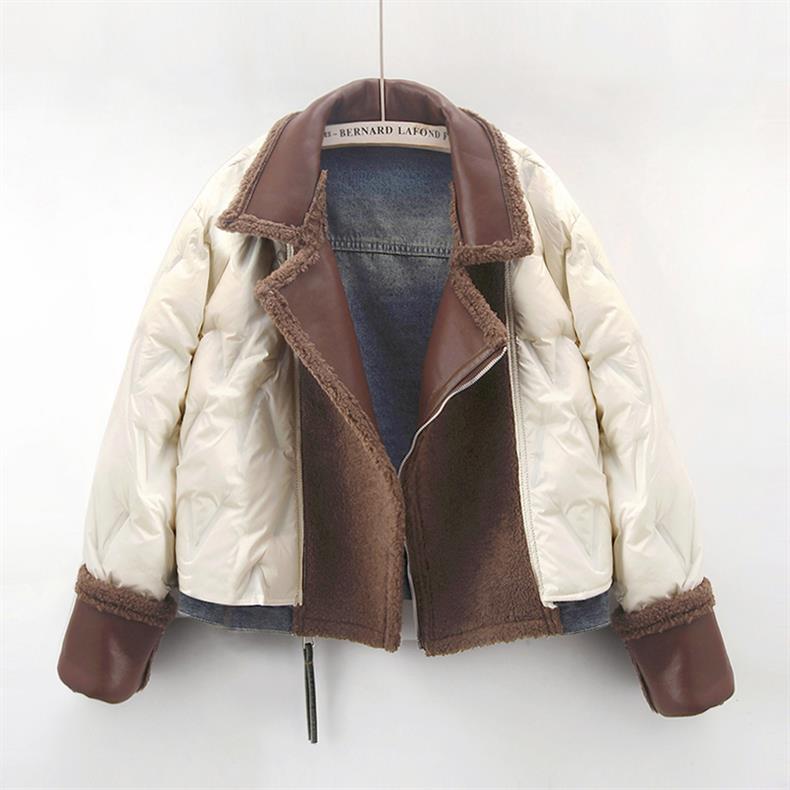 Lamb Wool Stitching Lightweight Down Liner Fleece-lined Denim Coat Women’s Short Top Jacket