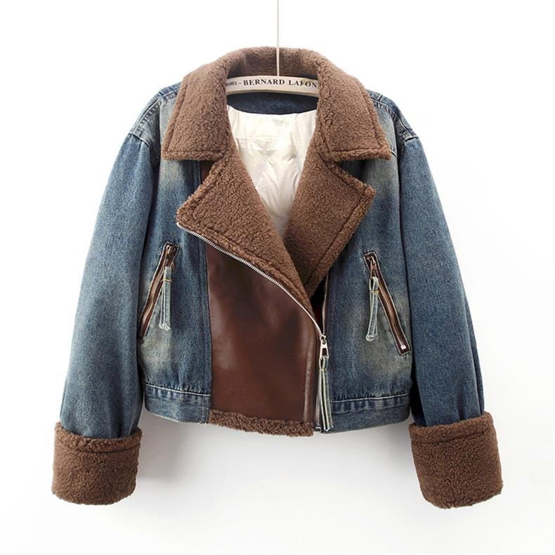 Lamb Wool Stitching Lightweight Down Liner Fleece-lined Denim Coat Women’s Short Top Jacket